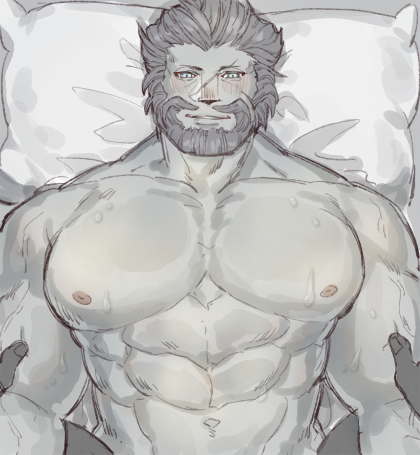 2boys abs warrior_of_light_(ff14) bara beard blush colored_skin completely_nude facial_hair final_fantasy final_fantasy_xiv grey_hair grey_skin highres implied_anal implied_sex large_pectorals lying male_focus mature_male multiple_boys muscular muscular_male mustache navel nipples nude on_back on_bed pectorals pillow pov pov_hands roegadyn scar scar_on_face scar_on_nose short_hair smile stomach uori yaoi