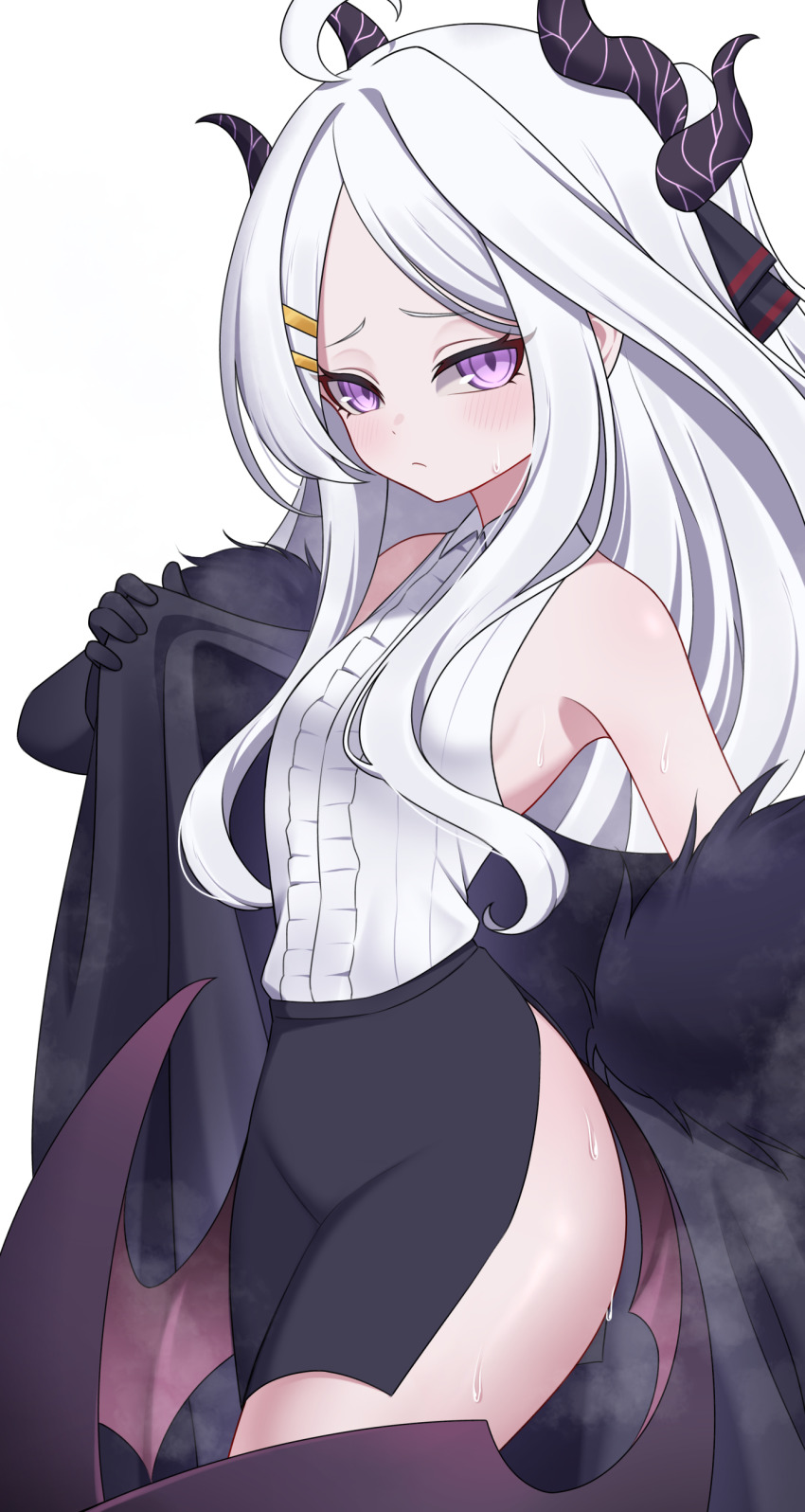 1girl absurdres ahoge aoi_ryo black_gloves black_horns black_skirt black_wings blue_archive blush breasts collared_shirt demon_horns demon_wings gloves grey_hair highres hina_(blue_archive) horns long_hair multiple_horns pencil_skirt purple_eyes shirt skirt sleeveless sleeveless_shirt small_breasts solo white_shirt wings