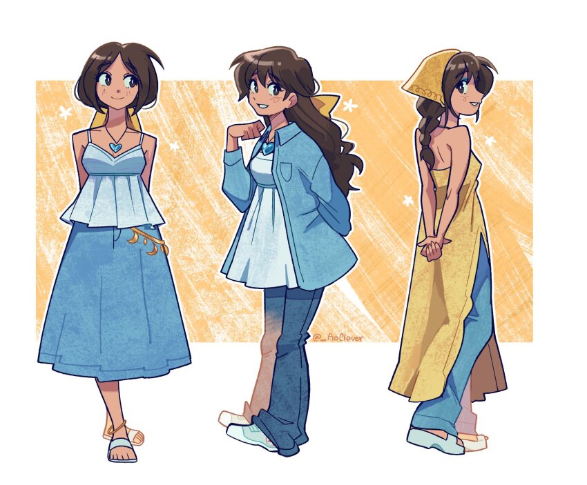 3girls ao_clover arms_behind_back artist_name bare_shoulders black_eyes blue_jacket blue_pants blue_skirt bow braid brown_hair camisole collarbone commentary denim dress english_commentary facing_viewer fashion from_side full_body hair_bow highres jacket jewelry long_hair long_skirt looking_at_viewer looking_to_the_side multiple_girls open_clothes open_jacket original own_hands_together pants parted_lips pendant platform_footwear profile sandals shoes short_hair side_slit skirt sneakers standing white_camisole white_dress white_footwear yellow_background yellow_bow yellow_dress