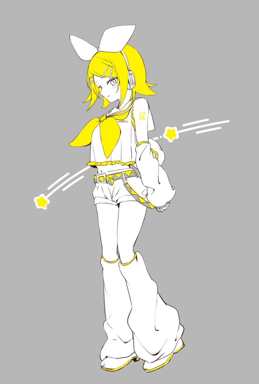 1girl belt blonde_hair bow commentary crop_top detached_sleeves full_body grey_background hair_ornament hairclip headphones highres kagamine_rin leg_warmers long_sleeves midriff navel neckerchief oyamada_gamata sailor_collar shirt short_hair shorts sleeveless sleeveless_shirt smile solo spot_color star_(symbol) symbol-only_commentary vocaloid