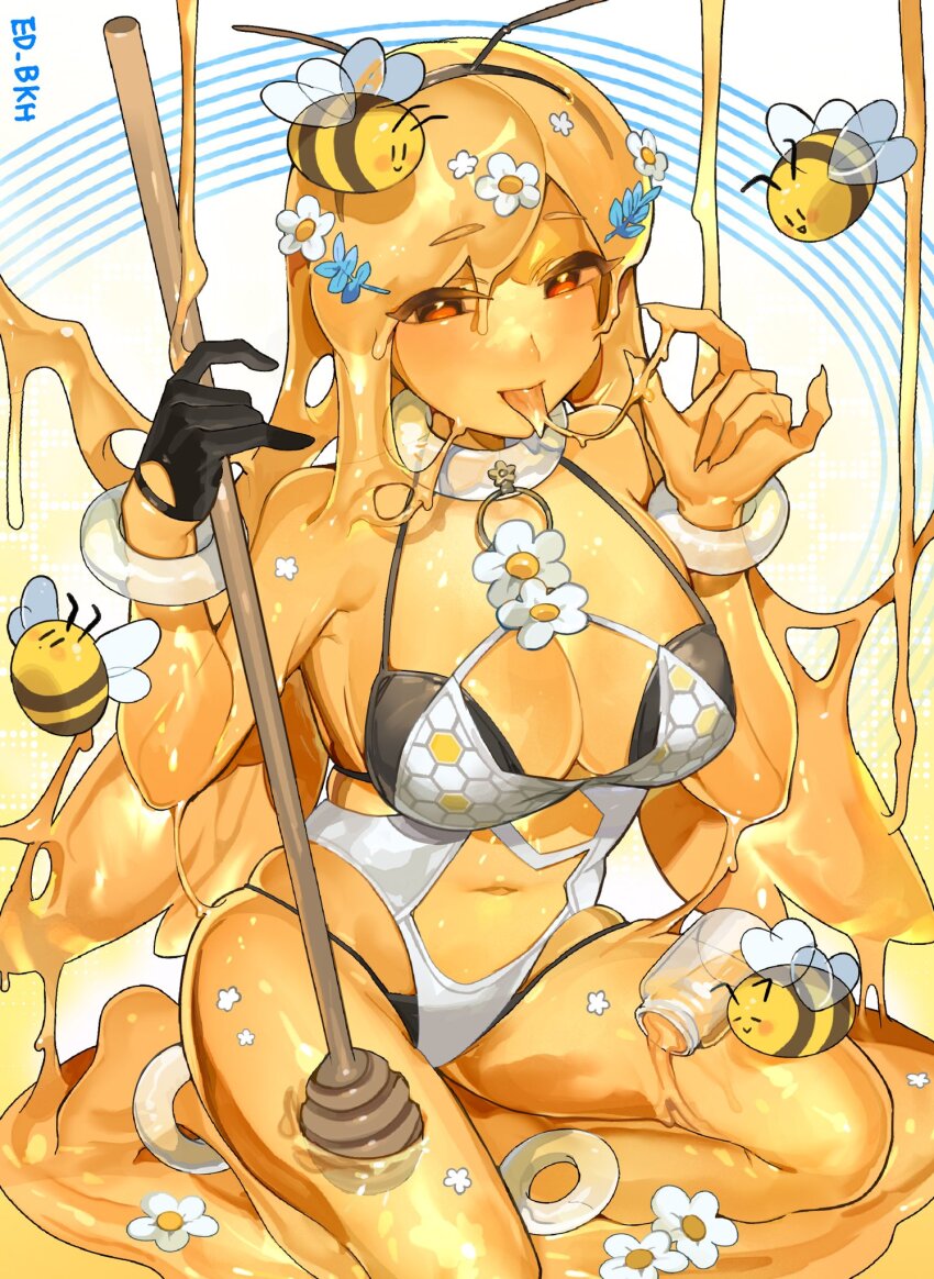 1girl bee beehive bikini breasts bug colored_skin flower gloves hair_flower hair_ornament half_gloves highres honey insect jar large_breasts looking_at_viewer monster_girl original red_eyes sakoku_(oyatsu3ji_) see-through_body slime_(substance) slime_girl swimsuit white_flower