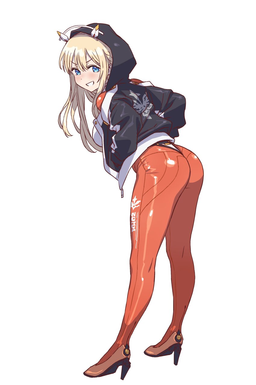 1girl absurdres ass blonde_hair blue_eyes bodysuit dot_nose full_body goddess_of_victory:_nikke hands_in_pockets high_heels highres hood hoodie intensify_0 jacket long_hair long_sleeves looking_at_viewer looking_back orange_bodysuit simple_background smile solo standing teeth tove_(nikke) white_background