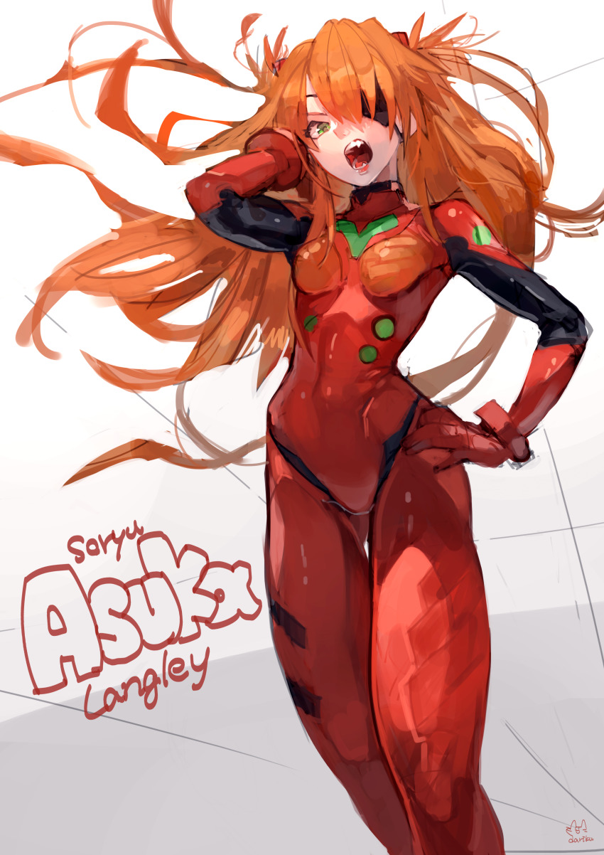 1girl absurdres bodysuit brown_hair evangelion:_3.0_you_can_(not)_redo floating_hair hand_on_own_hip highres long_hair neon_genesis_evangelion plugsuit rebuild_of_evangelion solo souryuu_asuka_langley tsundere uedrk_yamato very_long_hair white_background wide_hips