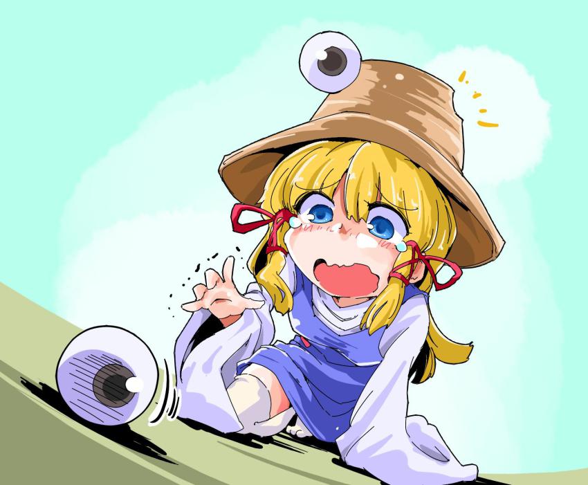 1girl blonde_hair blue_eyes eyeball female_focus hair_ribbon hat highres missing_eye moriya_suwako open_mouth pyonta ribbon shinapuu short_hair solo tears touhou trembling