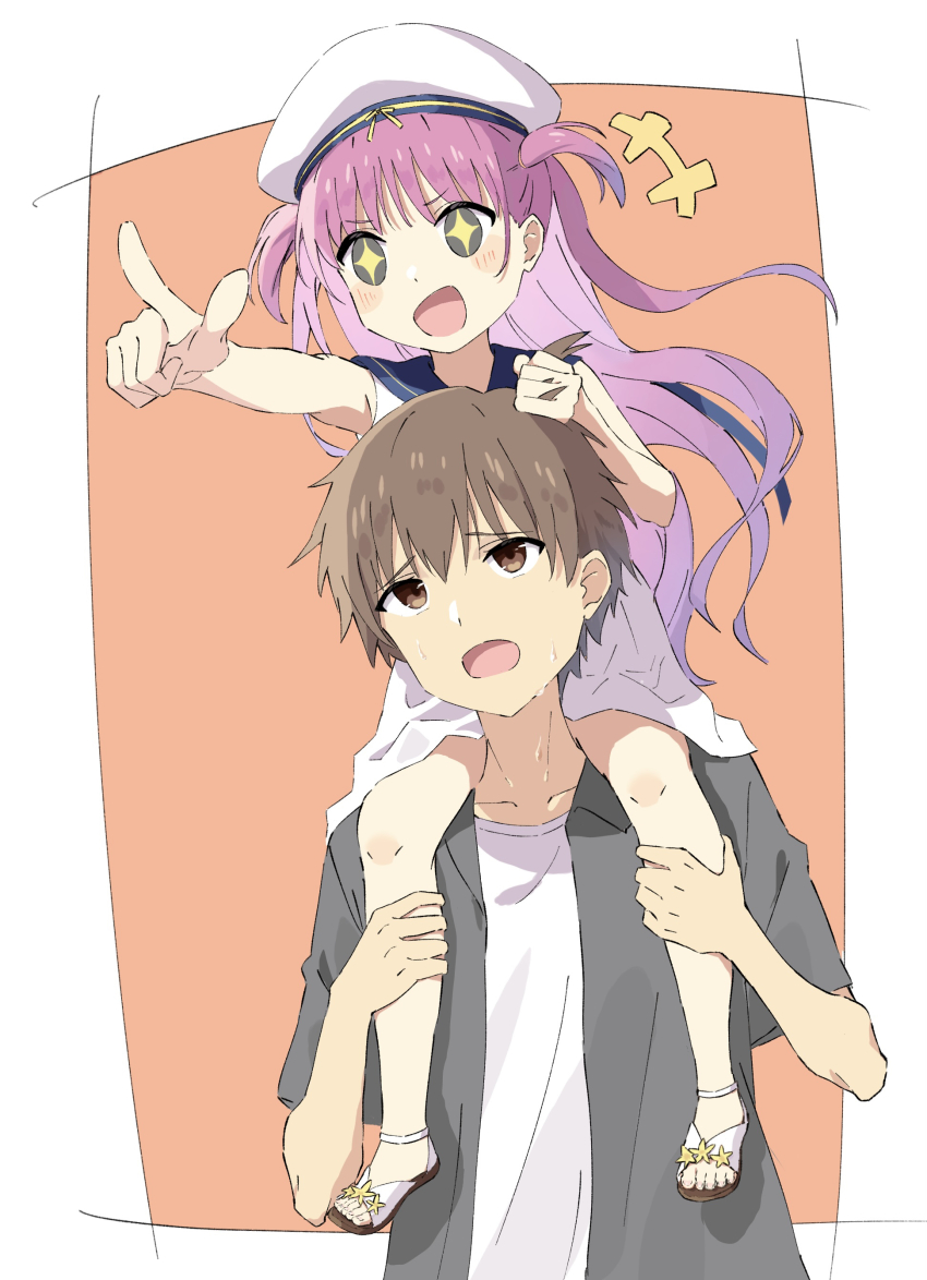 +++ +_+ 1boy 1girl :d absurdres blue_sailor_collar blush_stickers brown_eyes brown_hair carrying carrying_person child collarbone commentary_request dress emu_shido excited floating_hair full_body grabbing_another&#039;s_hair hat highres holding_another&#039;s_legs index_finger_raised katou_umi long_hair looking_ahead looking_up open_mouth orange_background outstretched_arm pink_hair pointing pointing_forward raised_eyebrows sailor_collar sailor_dress sailor_hat sandals short_hair shoulder_carry simple_background sleeveless sleeveless_dress smile summer_pockets sweat takahara_hairi two_side_up upper_body upturned_eyes v-shaped_eyebrows white_dress white_hat white_sandals