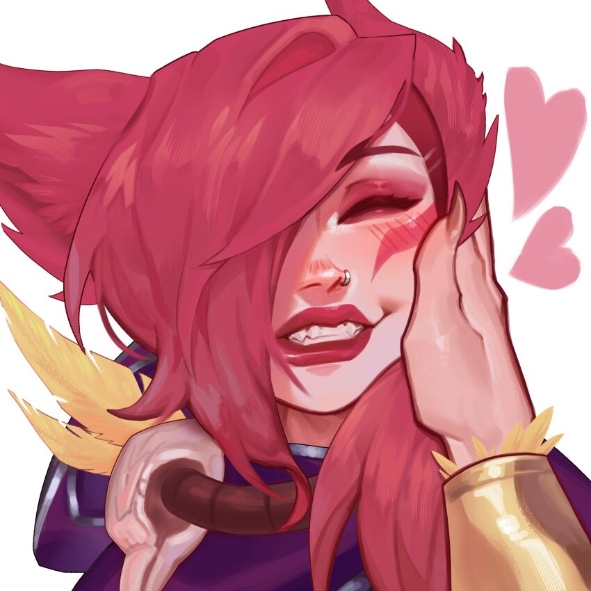 1boy 1girl animal_ears blush breasts closed_eyes facing_viewer grin hand_on_another&#039;s_cheek hand_on_another&#039;s_face heart highres kisume_to league_of_legends long_hair rakan_(league_of_legends) red_hair smile solo_focus teeth xayah