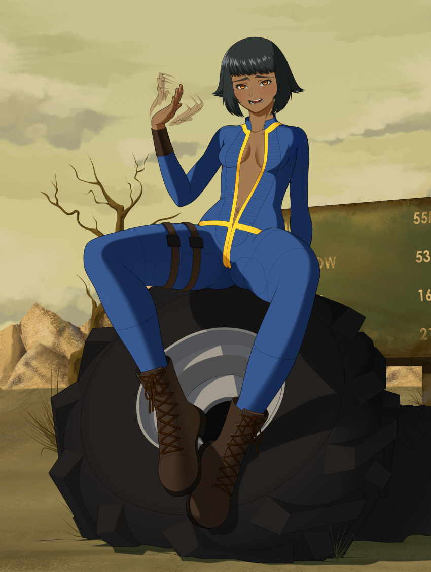 arianne_(artist) bodysuit boots commission dark-skinned_female dark_skin fallout:_new_vegas fallout_(series) fanning_face fanning_self hot legs_apart mia-b013 native_american no_bra no_panties sitting sitting_on_object unzipped unzipped_bodysuit unzipping vault_dweller vault_girl vault_suit