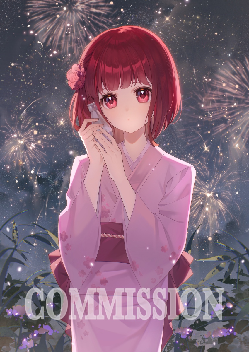 1girl :o absurdres arima_kana blush bottle bug butterfly commission fireworks flower hair_flower hair_ornament highres holding holding_bottle insect japanese_clothes kimono long_sleeves obi oshi_no_ko pink_kimono red_eyes red_flower red_hair sash short_hair solo wide_sleeves xiang_yu_pai