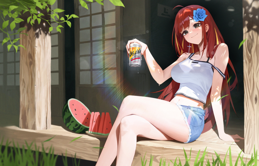 1girl ahoge akane_lize bare_arms bare_legs bare_shoulders beer_can black_eyes blue_shorts bra_visible_through_clothes breasts camisole can closed_mouth commentary crop_top crossed_legs cutoffs denim denim_shorts drink_can earrings feet_out_of_frame flower food fruit hair_flower hair_ornament hand_up highres holding holding_can hot jewelry large_breasts long_hair looking_at_viewer midriff multicolored_hair navel red_hair rose shirt short_shorts shorts sitting sleeveless sleeveless_shirt smile solo stellive strap_slip streaked_hair summer sweat thighs veranda very_long_hair virtual_youtuber watermelon white_shirt yoba