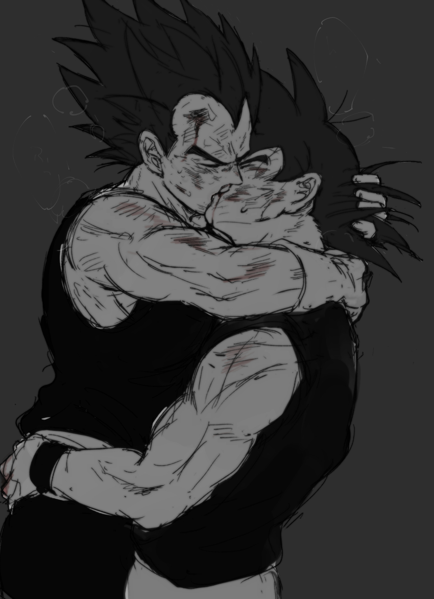 2boys after_battle bara blood blood_on_face couple cowboy_shot dragon_ball dragonball_z foreplay french_kiss from_side greyscale hand_in_another&#039;s_hair heavy_breathing highres kiss lifting_person male_focus mamefuku_(mamedehuku) monochrome multiple_boys muscular muscular_male profile son_goku standing thick_eyebrows unfinished vegeta yaoi