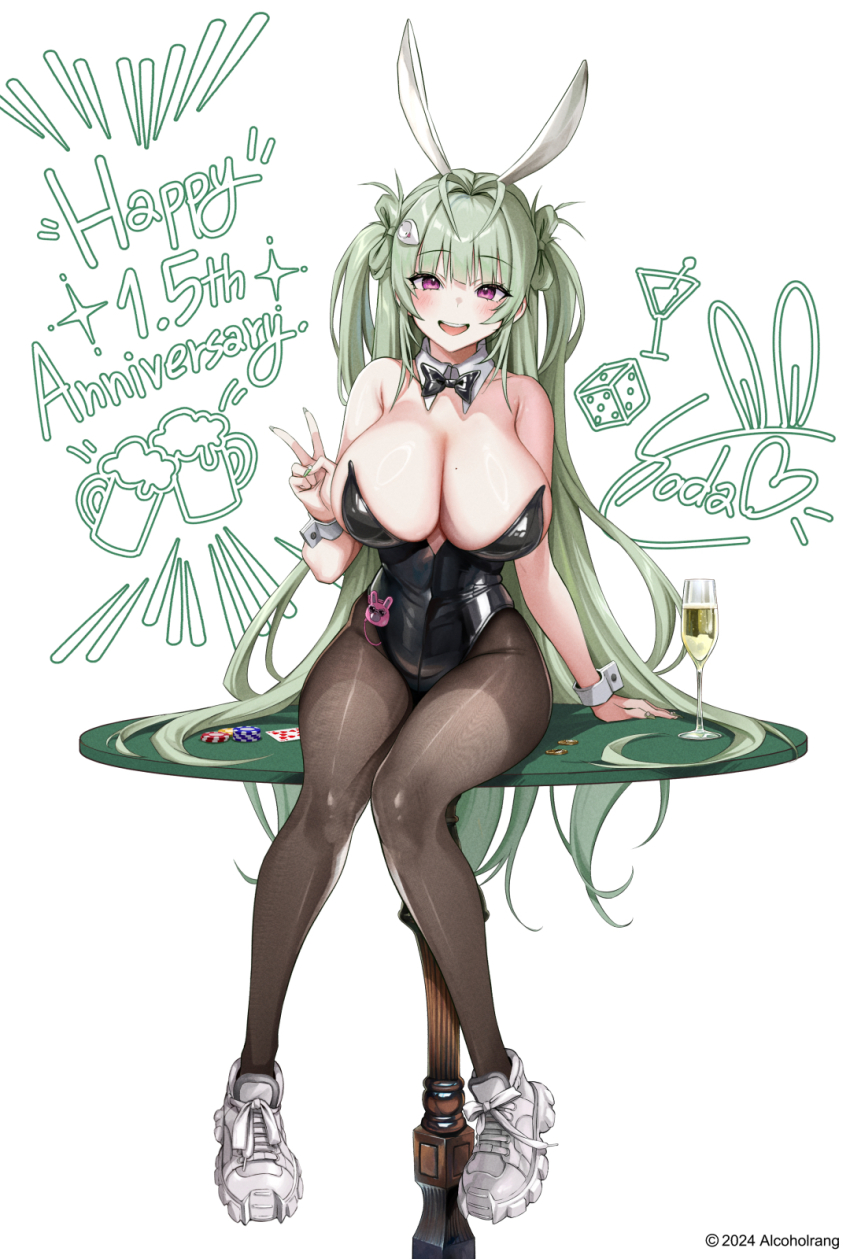 1girl :d alcoholrang animal_ears antenna_hair artist_name bare_shoulders black_bow black_bowtie black_leotard blush bow bowtie breasts brown_pantyhose detached_collar english_text fake_animal_ears fake_tail goddess_of_victory:_nikke green_hair green_nails heart_antenna_hair highleg highleg_leotard highres large_breasts leotard long_hair mole mole_on_breast nail_polish open_mouth pantyhose pink_eyes playboy_bunny rabbit_ears rabbit_tail shoes sitting smile sneakers soda_(nikke) soda_(twinkling_bunny)_(nikke) solo strapless strapless_leotard tail twintails v wrist_cuffs