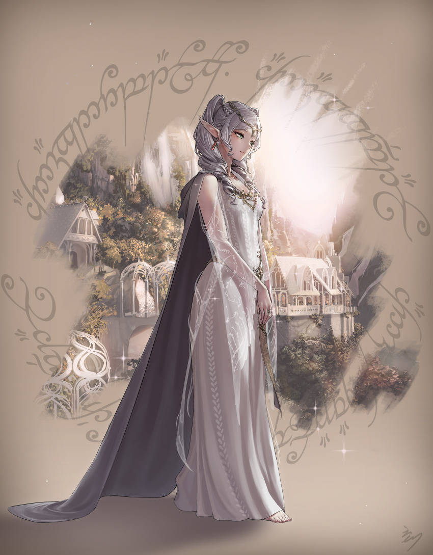 1girl absurdres architecture barefoot brown_background cape circlet closed_mouth dress earrings echo!_(tilapiawest) elf frieren full_body green_eyes grey_cape grey_hair highres jewelry long_dress long_hair pointy_ears rivendell sousou_no_frieren the_lord_of_the_rings toes tolkien&#039;s_legendarium tree twintails white_dress