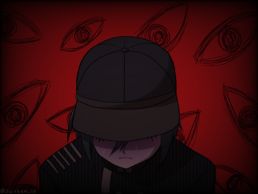 1boy black_jacket closed_mouth covered_eyes danganronpa_(series) danganronpa_v3:_killing_harmony eye_focus frown gradient_background hair_between_eyes highres jacket male_focus portrait red_background saihara_shuichi short_hair solo suiren_yurei sweat