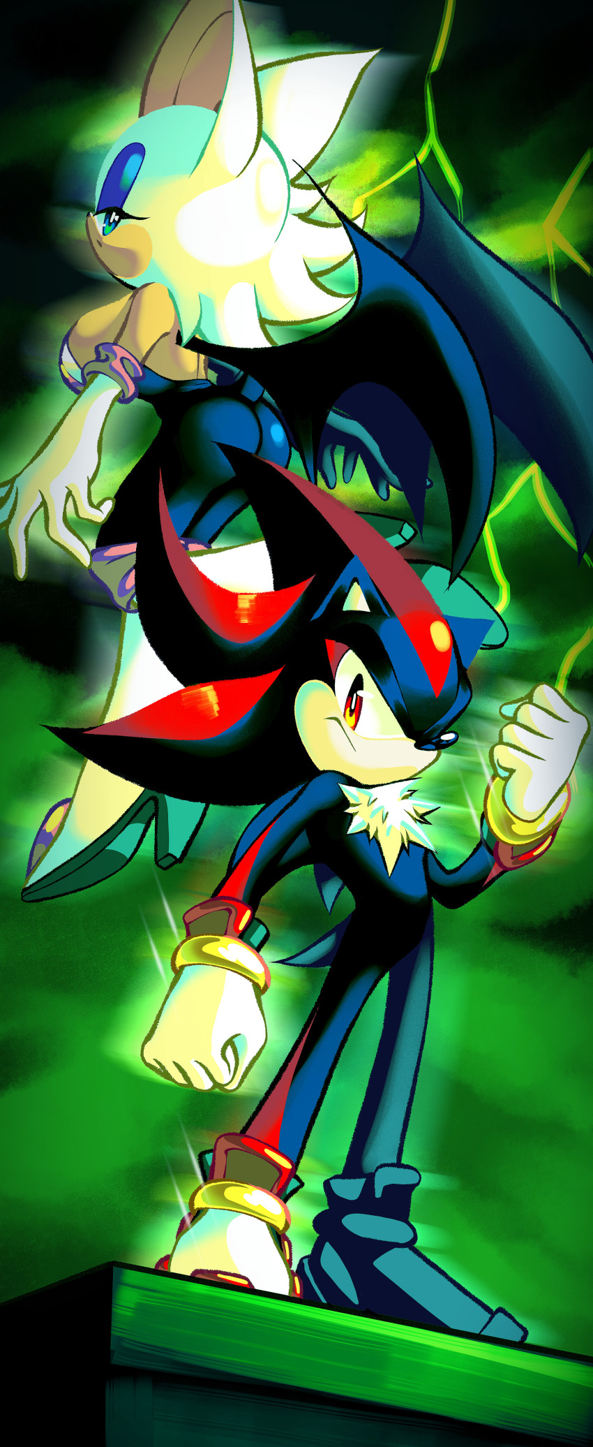 1boy 1girl absurdres animal_ears animal_nose ass bat_girl bat_wings blue_eyes boots breasts clenched_hands closed_mouth frown full_body furry furry_female furry_male gloves green_lightning highres looking_at_viewer nano_(nanolovesyou) red_eyes rouge_the_bat shadow_the_hedgehog shoes sonic_(series) sonic_adventure_2 standing tail white_footwear white_gloves wings