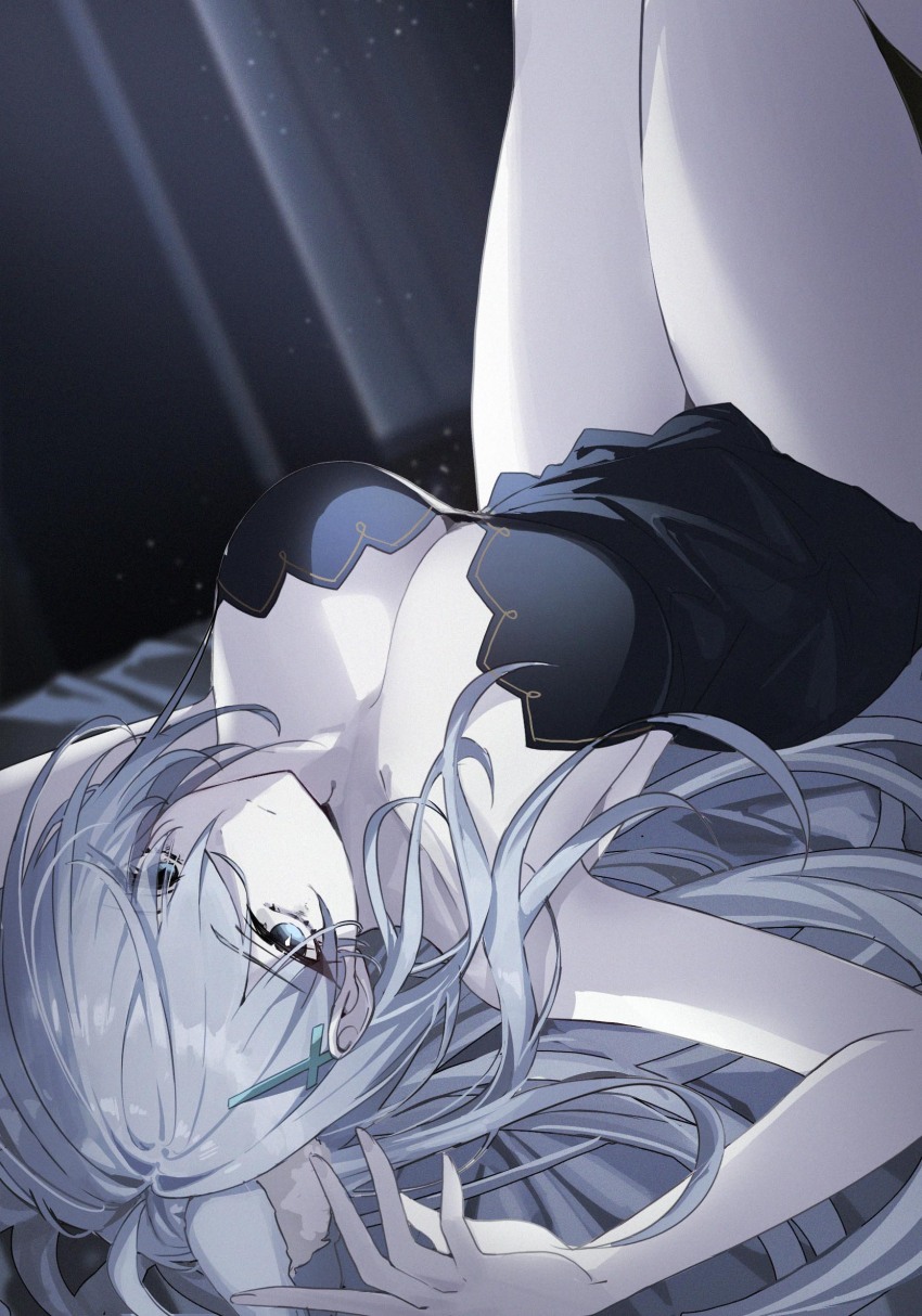 1girl animal_ears b_soyo1 bare_legs black_dress blue_archive blue_eyes breasts cleavage cross_hair_ornament dress extra_ears grey_hair hair_ornament highres large_breasts long_hair looking_at_viewer lying on_back on_bed shiroko_(blue_archive) shiroko_terror_(blue_archive) tail thick_thighs thighs wolf_ears wolf_girl