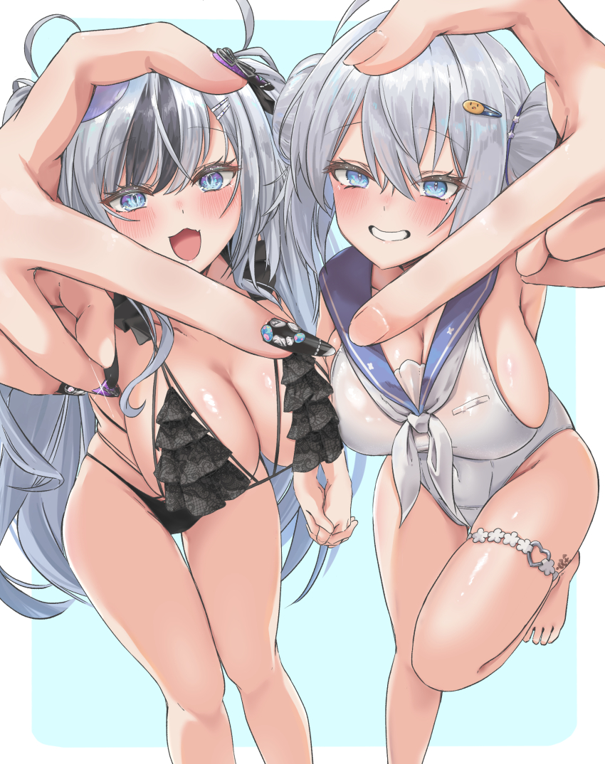 2girls absurdres alternate_costume azur_lane barefoot bikini black_bikini black_hair black_nails blue_eyes blue_sailor_collar blush breasts cleavage collarbone covered_navel diamond-shaped_pupils diamond_(shape) double_bun elbe_(azur_lane) fingernails foreshortening frilled_bikini frills grey_hair grin hair_bun hair_ornament hairclip heart heart_hands heart_hands_duo heart_o-ring highres holding_hands interlocked_fingers jade_(a_lick_of_summer)_(azur_lane) jade_(azur_lane) large_breasts long_fingernails long_hair looking_at_viewer multicolored_hair multicolored_nails multiple_girls nail_art nail_polish narrowed_eyes neckerchief o-ring o-ring_thigh_strap official_alternate_costume one-piece_swimsuit open_mouth purple_nails sailor_collar short_hair siblings sisters smile standing standing_on_one_leg streaked_hair swimsuit symbol-shaped_pupils tattoo thigh_gap thigh_strap two_side_up uniazi_mikan very_long_hair white_neckerchief white_one-piece_swimsuit