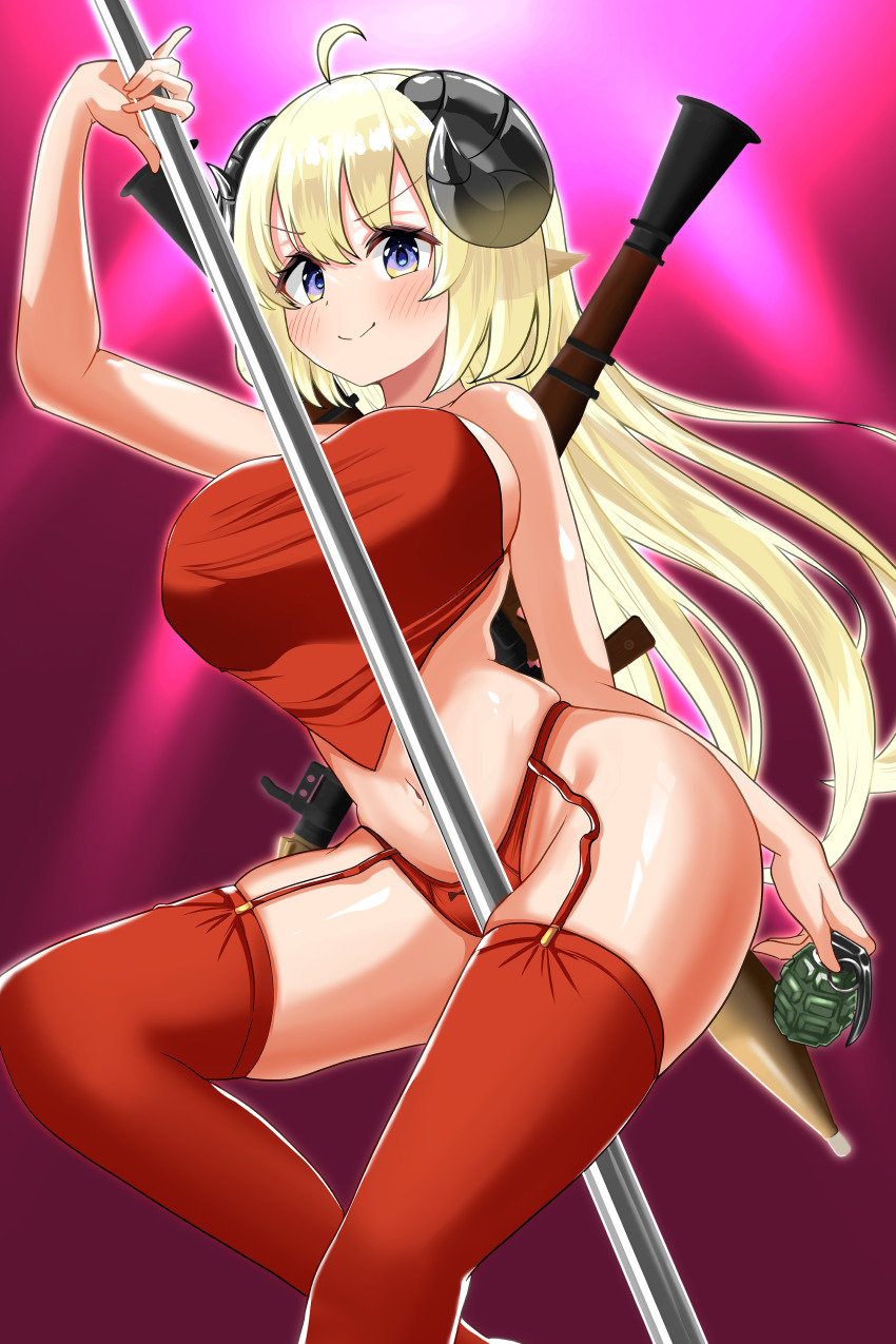 1girl absurdres animal_ears bare_arms bare_shoulders blonde_hair blush breasts closed_mouth commentary_request curled_horns explosive garter_straps grenade gun gun_on_back highres holding holding_grenade hololive horns inokeiwd large_breasts long_hair looking_at_viewer multicolored_eyes navel panties pole red_garter_straps red_panties red_thighhighs rocket_launcher sheep_ears sheep_girl sheep_horns sideboob skindentation smile solo stomach stripper_pole thighhighs thighs tsunomaki_watame underwear virtual_youtuber weapon weapon_on_back