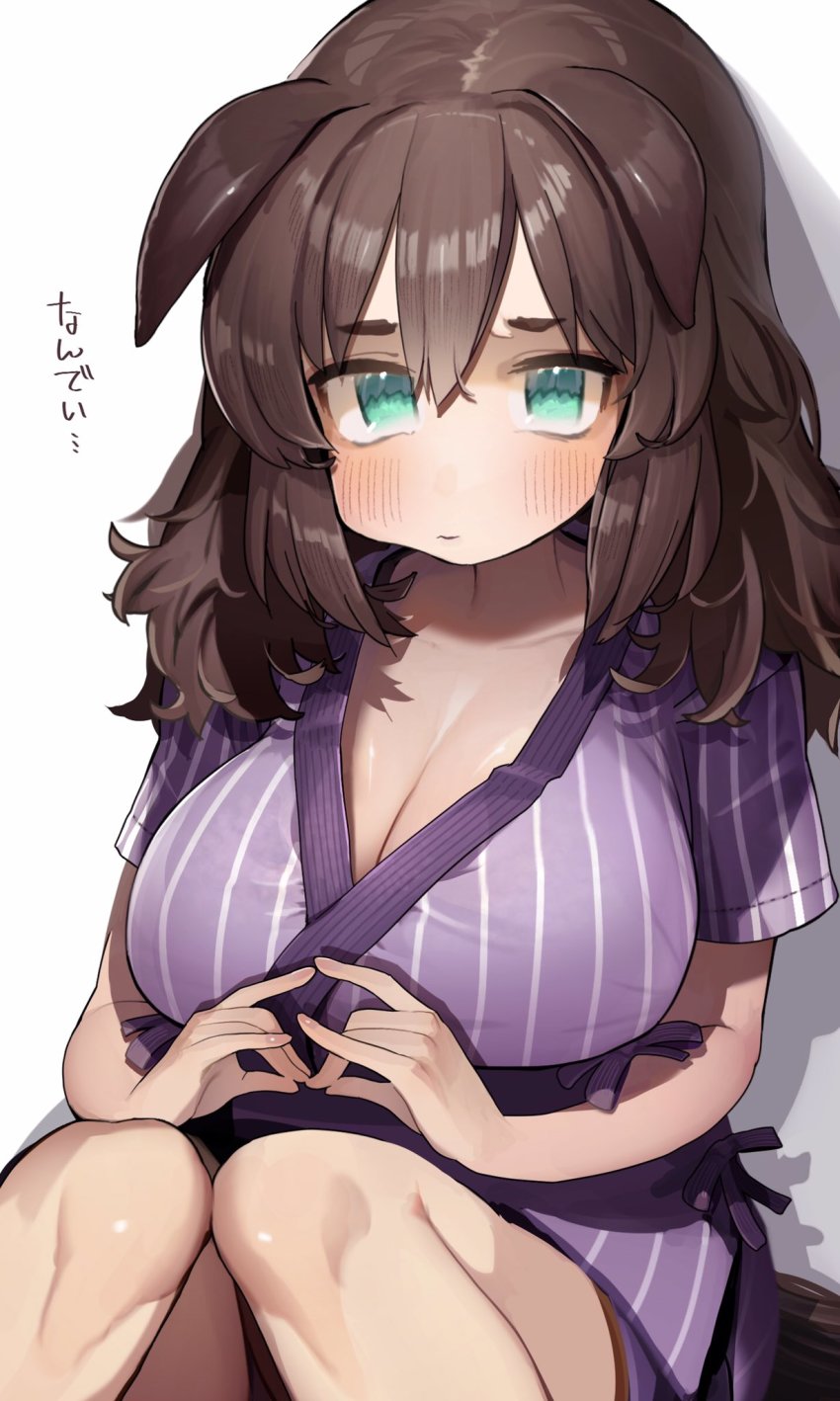 1girl alternate_costume alternate_hairstyle animal_ears aqua_eyes blush breasts brown_hair cleavage ears_down fox_shadow_puppet hair_down highres horse_ears horse_girl inari_one_(umamusume) japanese_clothes kimono large_breasts own_hands_together pout purple_kimono sitting solo tamukoro umamusume