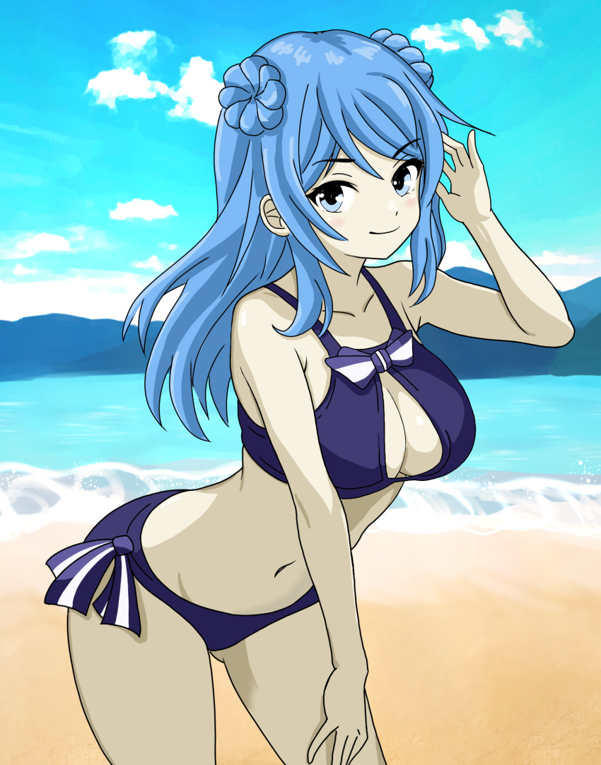 1girl beach bikini blue_bikini blue_sky bone_namu(namu49850) breasts cleavage cloud commentary_request cowboy_shot day double_bun hair_bun highres kantai_collection leaning_forward long_hair looking_at_viewer medium_breasts mountainous_horizon ocean one_eye_closed outdoors side-tie_bikini_bottom sky smile solo swimsuit urakaze_(kancolle)