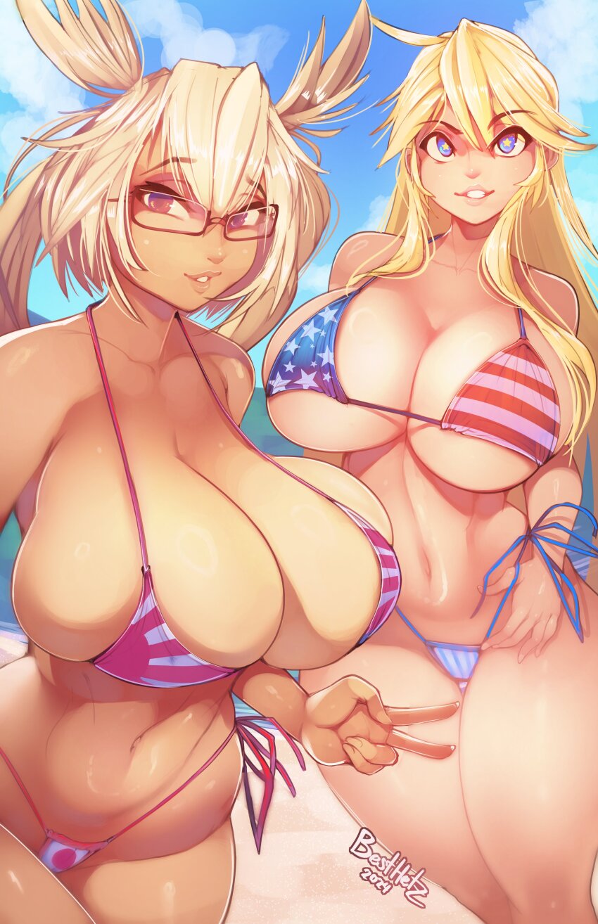 2girls absurdres american_flag american_flag_bikini american_flag_print bare_shoulders beach besthetz bikini blonde_hair blue_eyes blush breasts cleavage collarbone covered_erect_nipples dark-skinned_female dark_skin flag_print front-tie_top glasses grey_hair hair_between_eyes headgear highres huge_breasts iowa_(kancolle) japanese_flag japanese_flag_bikini japanese_flag_print kantai_collection large_breasts long_hair looking_at_viewer micro_bikini multiple_girls musashi_(kancolle) navel open_mouth pointy_hair print_bikini red_eyes rising_sun_flag semi-rimless_eyewear short_hair skindentation smile star-shaped_pupils star_(symbol) striped_bikini striped_clothes summer sunburst swimsuit symbol-shaped_pupils tan tanline thighs twintails under-rim_eyewear white_hair