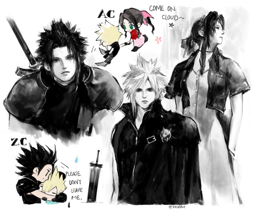 1girl 2boys aerith_gainsborough armor black_hair black_sleeves black_vest blonde_hair braid braided_ponytail brown_hair buster_sword buttons character_name chibi choker cloud_strife cloud_virtu cropped_jacket dress fenrir_(final_fantasy) final_fantasy final_fantasy_vii final_fantasy_vii_advent_children from_above green_eyes hair_slicked_back highres holding_another&#039;s_arm holding_hands long_dress looking_up multiple_boys parted_bangs planted planted_sword planted_weapon popped_collar ribbon_choker short_hair short_sleeves shoulder_armor sideburns sidelocks single_bare_shoulder single_braid single_shoulder_pad single_sleeve sketch spiked_hair sword upper_body vest weapon weapon_on_back white_background zack_fair