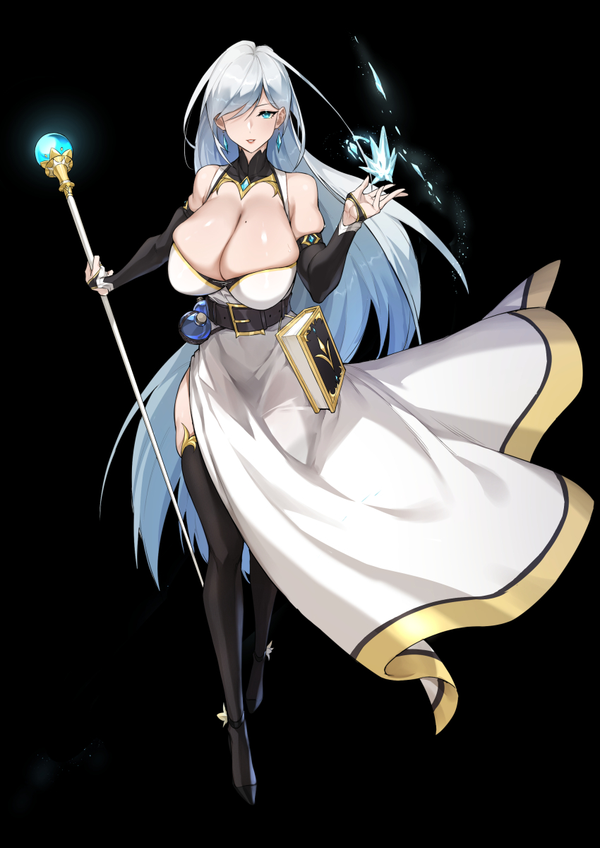 1girl absurdres bare_shoulders belt black_background black_belt blue_eyes book bottle breasts commentary dawalixi detached_sleeves dress earrings elbow_gloves floating_earring full_body gloves grimoire hair_over_one_eye high_heels highres holding holding_staff huge_breasts jewelry long_hair long_skirt looking_at_viewer mage_staff magic mole mole_on_breast original skindentation skirt staff standing symbol-only_commentary thighhighs very_long_hair white_dress white_hair