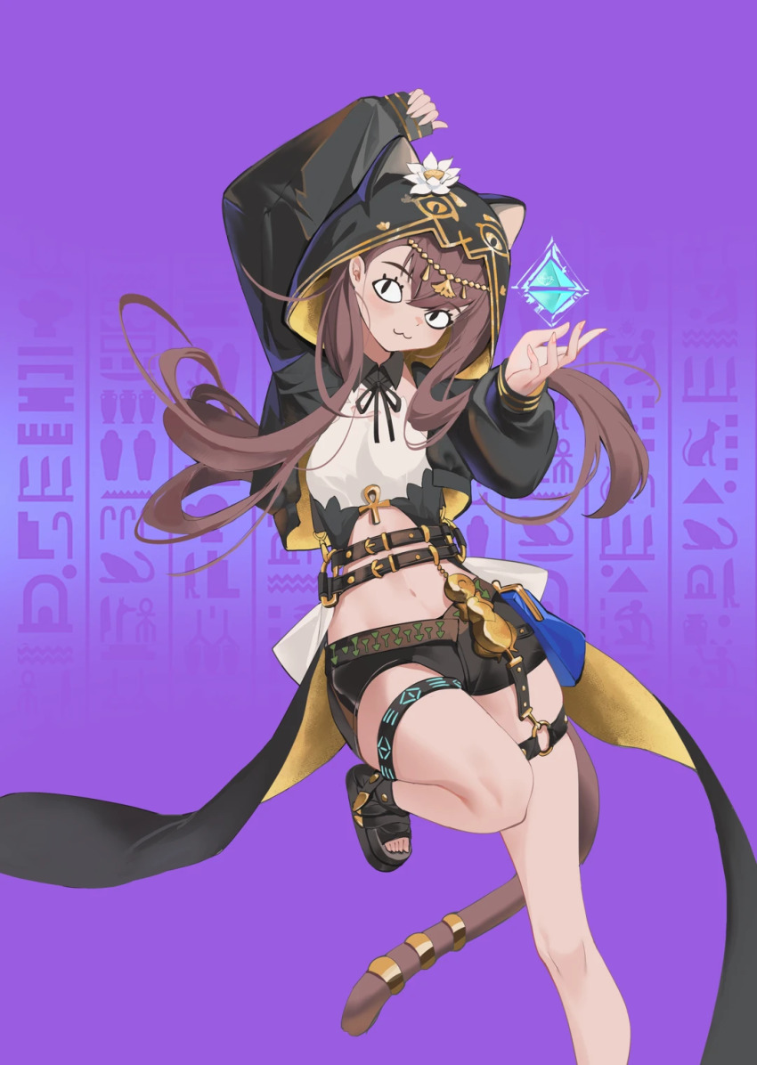 1girl :3 ankh arknights arm_up black_footwear black_jacket black_shorts brown_hair brown_tail chinese_commentary closed_mouth commentary crop_top cropped_jacket crystal enaga_(bilibili_5713976) flower foot_out_of_frame hand_up head_chain hieroglyphics highres hood hood_up hooded_jacket infection_monitor_(arknights) jacket jewelry leg_up long_hair long_sleeves looking_at_viewer navel no_socks o-ring o-ring_thigh_strap open_clothes open_jacket pepe_(arknights) purple_background sandals shorts smile solo standing standing_on_one_leg tail tail_ornament tail_ring thigh_strap toeless_footwear toes white_flower yellow_jacket