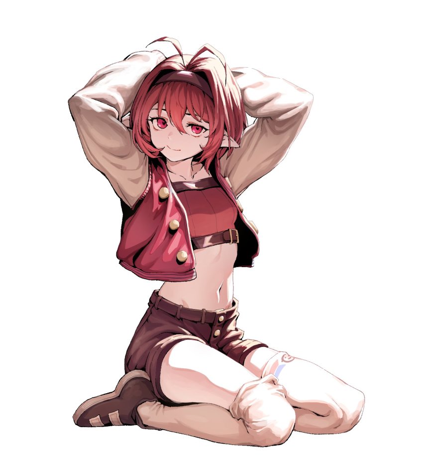 1girl antenna_hair arms_up breasts brown_footwear closed_mouth collarbone crop_top full_body hair_between_eyes hair_intakes hairband highres jacket looking_at_viewer mia_(39565899) midriff navel open_clothes open_jacket original pointy_ears red_eyes red_hair short_hair shorts simple_background small_breasts smile solo thighhighs white_background white_thighhighs