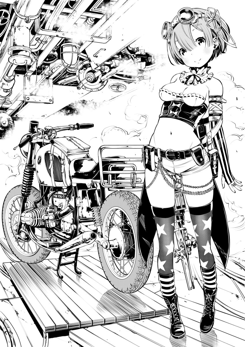 1girl absurdres alternate_costume armband bad_id bad_twitter_id belt boots breasts contemporary fukushima_masayasu gloves goggles greyscale gun highres jewelry looking_at_viewer medium_breasts monochrome motor_vehicle motorcycle navel print_thighhighs re:zero_kara_hajimeru_isekai_seikatsu rem_(re:zero) ribbon ring short_hair shorts smile solo star_(symbol) star_print steampunk thighhighs weapon