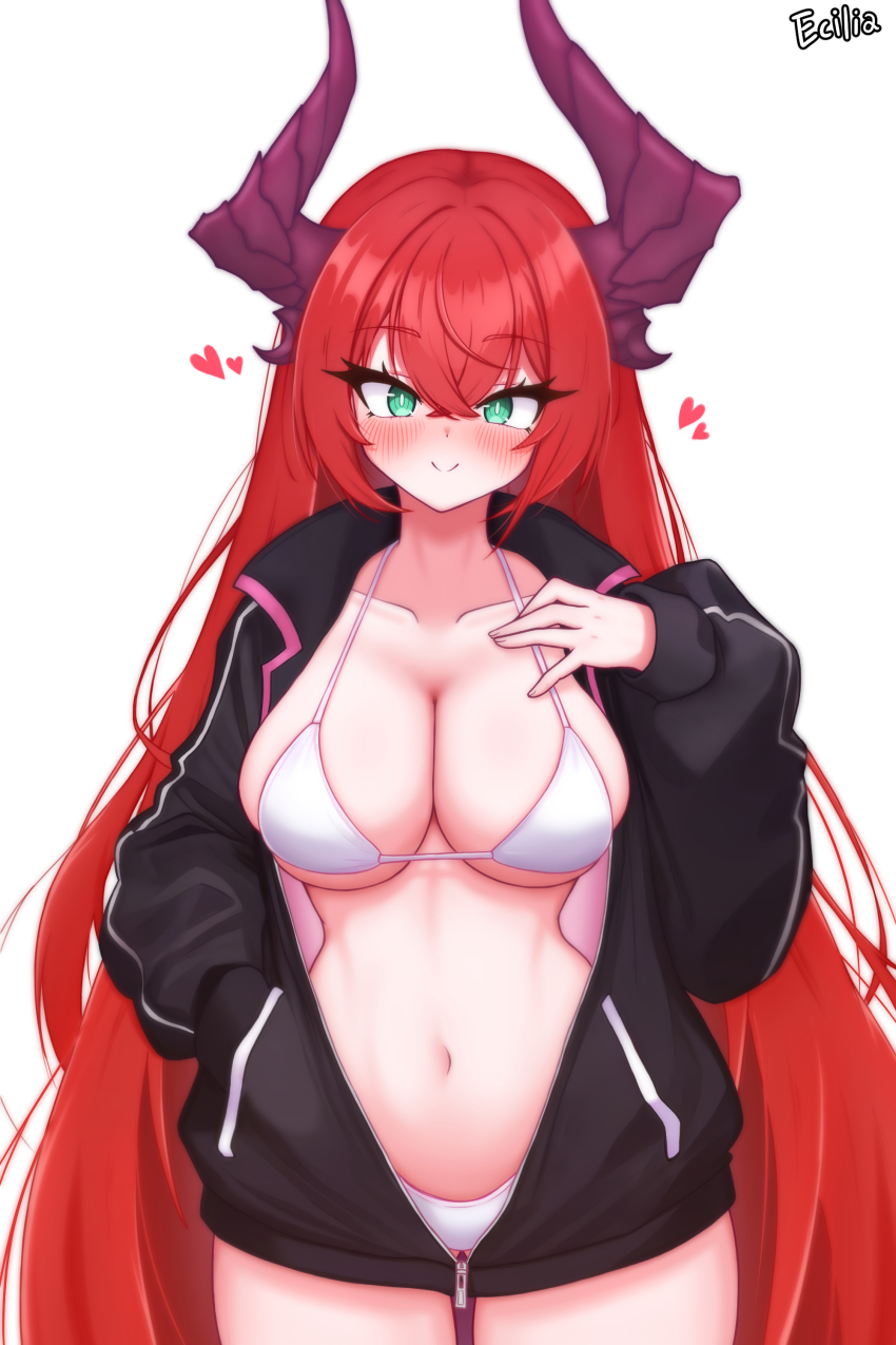 1girl :&gt; absurdres artist_name bikini black_jacket blush breasts bright_pupils cleavage collarbone collared_jacket commentary counter:side cowboy_shot crossed_bangs demon_horns gluteal_fold green_eyes hair_between_eyes halterneck hand_in_pocket hand_on_own_chest heart highres horns jacket large_breasts long_hair long_sleeves looking_at_viewer nao_(counter:side) navel open_clothes open_jacket red_eyes rladnr6 simple_background smile solo straight-on swimsuit underboob very_long_hair white_background white_bikini white_pupils zipper_pull_tab