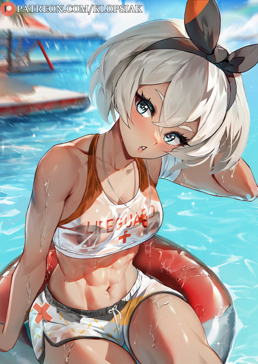 1girl :o abs absurdres afloat alternate_costume bea_(pokemon) black_hairband blonde_hair blue_eyes blurry blurry_background blush bow_hairband cloud commentary creatures_(company) crop_top day eyelashes game_freak hairband highres innertube klopsiak lifeguard navel nintendo open_mouth outdoors patreon_logo pokemon pokemon_swsh see-through see-through_bikini short_hair shorts sky solo sparkle swim_ring swimsuit toned_female water watermark web_address wet wet_clothes whistle whistle_around_neck