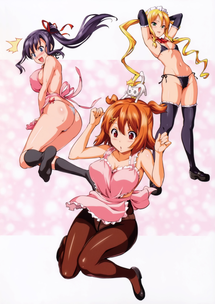 3girls absurdres amaya_haruko apron ass bra breasts cleavage covered_erect_nipples feet high_heels highres himegami_kodama kushiya_inaho maid maken-ki! multiple_girls naked_apron no_shoes panties pantyhose string_panties takeda_hiromitsu thighhighs underwear