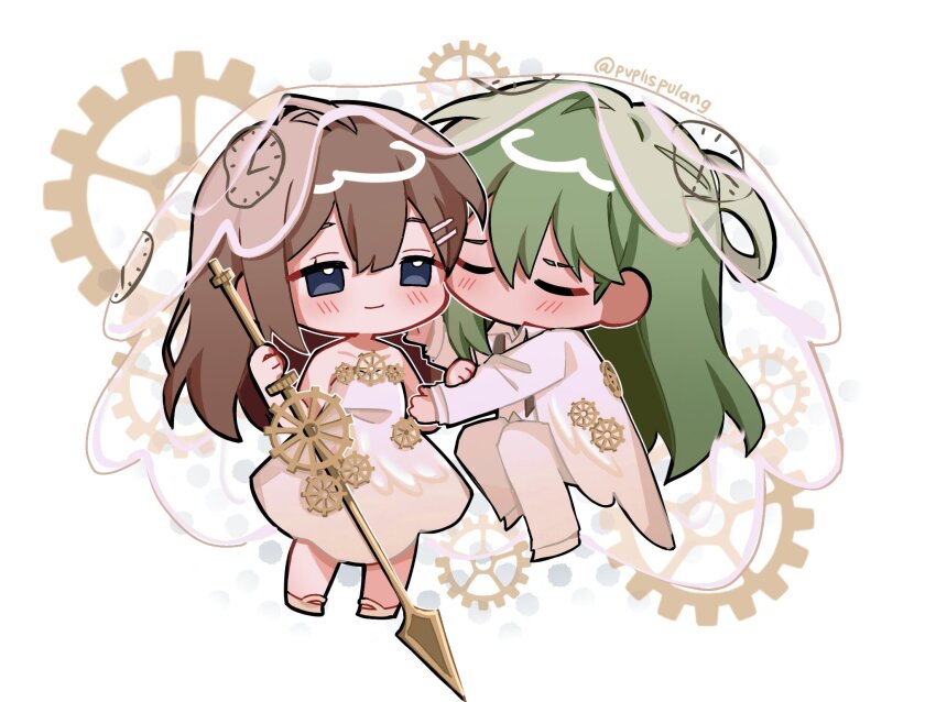 1boy 1girl blue_eyes blush bride brown_hair chibi clock_print closed_eyes coat collared_shirt dress everlasting_(e.g.o) eyebrow_cut formal_clothes gears green_hair groom hand_on_another&#039;s_cheek hand_on_another&#039;s_face hetero highres hod_(project_moon) holding holding_polearm holding_weapon husband_and_wife knees_up limbus_company lobotomy_corporation long_hair medium_dress no_mouth no_nose pants polearm project_moon ryo_(pvplispulang) shared_veil shirt smile strapless strapless_dress suit veil weapon white_coat white_dress white_footwear white_pants white_shirt white_suit