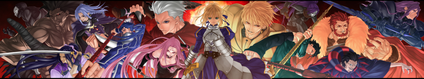 3girls 6+boys archer_(fate) armor armored_dress arondight_(fate) artoria_pendragon_(all) artoria_pendragon_(fate) assassin_(fate/zero) beard berserker_(fate/zero) black_hair blindfold blonde_hair blue_hair cape crossover cu_chulainn_(fate) cu_chulainn_(fate/stay_night) dagger dress everyone excalibur_(fate/stay_night) facial_hair fate/stay_night fate/zero fate_(series) female_assassin_(fate/zero) fenrir_(fenlil0316) full_armor gae_bolg_(fate) gae_buidhe_(fate) gae_dearg_(fate) gilgamesh_(fate) gilles_de_rais_(caster)_(fate) green_eyes hair_down hassan_of_the_cursed_arm_(fate) heracles_(fate) highres iskandar_(fate) kanshou_&amp;_bakuya_(fate) knife diarmuid_ua_duibhne_(lancer)_(fate) long_hair long_image mask medea_(fate) medusa_(fate) medusa_(rider)_(fate) monohoshizao multiple_boys multiple_girls polearm ponytail purple_hair red_eyes red_hair saber_(fate) sasaki_kojirou_(fate) spear sword weapon white_hair wide_image