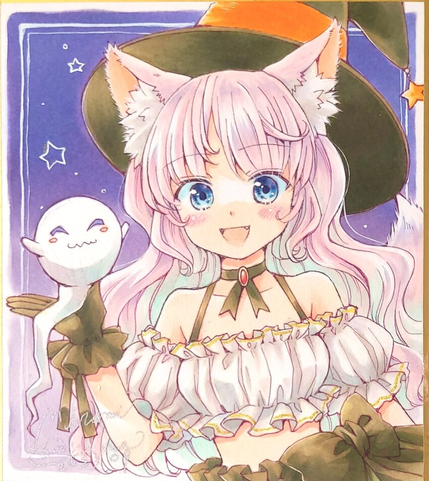 1girl animal_ears artist_name black_choker black_gloves black_hat black_skirt blue_eyes bow bow_skirt choker commentary dated dog_ears dog_girl dog_tail fang frilled_sleeves frills ghost gloves halloween halloween_costume hat highres long_hair looking_at_viewer marker_(medium) minami_kawa night night_sky off-shoulder_shirt off_shoulder open_mouth original pink_hair scan shirt short_sleeves signature skirt sky smile solo star_(symbol) symbol-only_commentary tail traditional_media upper_body wavy_hair white_shirt witch_hat