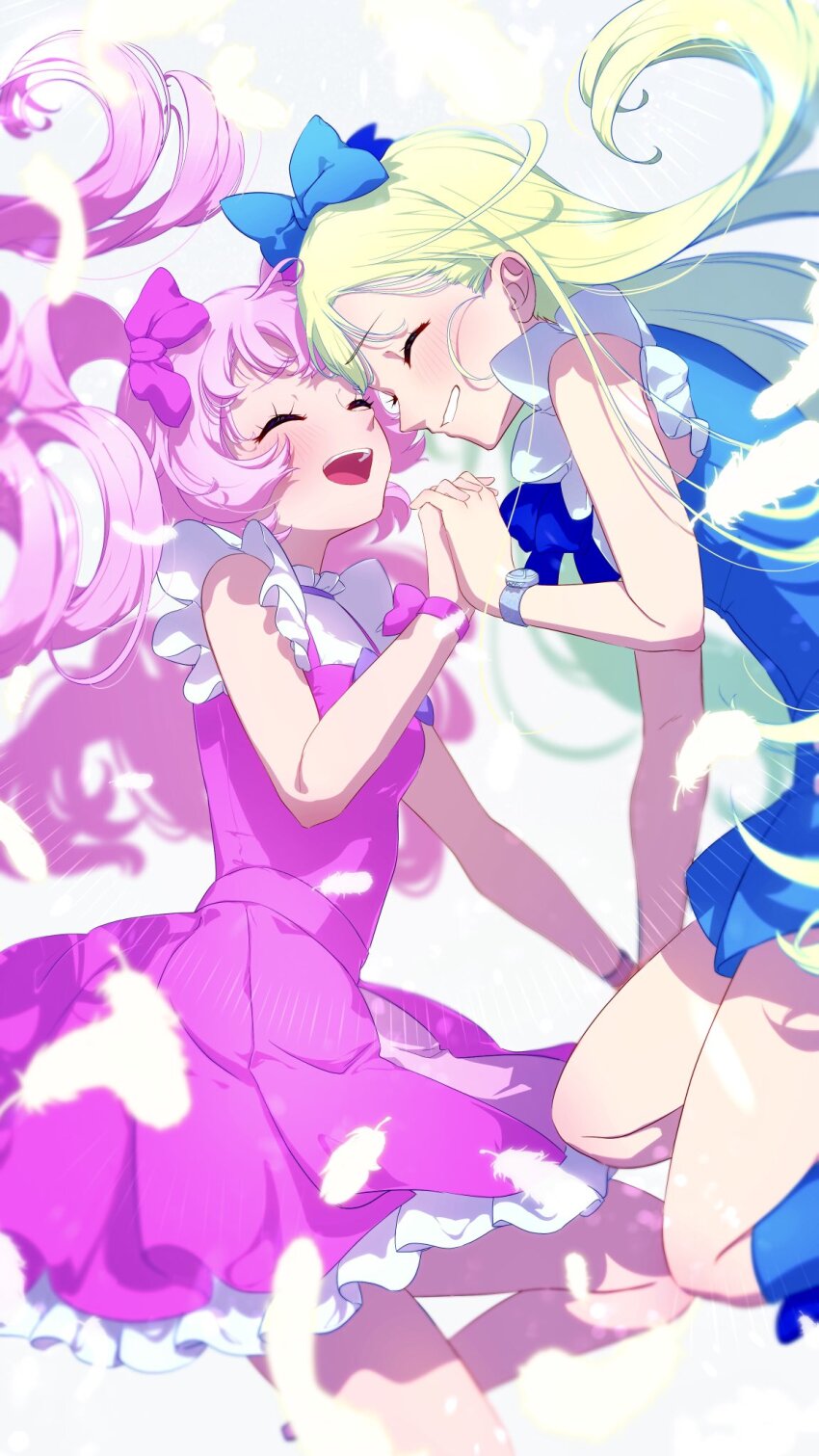 2girls :d aozora_himari blonde_hair blue_bow blue_dress blunt_bangs bow closed_eyes commentary_request dress face-to-face facing_another floating_hair hair_bow highres himitsu_no_aipri holding_hands hoshikawa_mitsuki idol_clothes interlocked_fingers long_hair moukinui multiple_girls open_mouth pink_bow pink_dress pink_hair pretty_series sleeveless sleeveless_dress smile standing twintails