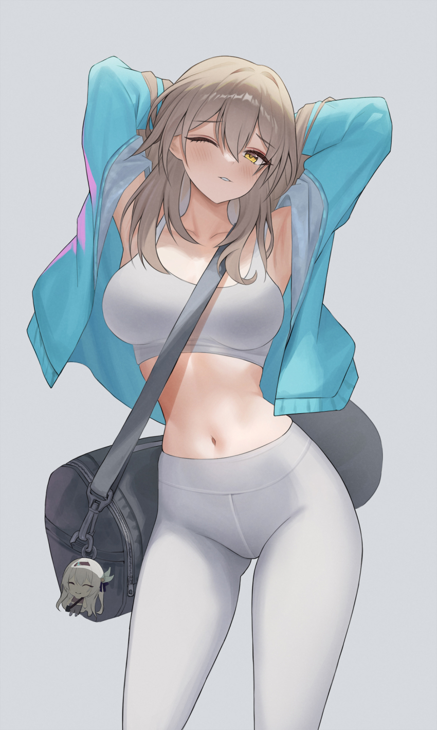 1girl blue_jacket blush breasts charm_(object) collarbone cowboy_shot crop_top firefly_(honkai:_star_rail) grey_background grey_hair grey_pants highres honkai:_star_rail honkai_(series) jacket large_breasts leggings long_hair long_sleeves looking_at_viewer midriff navel open_clothes open_jacket pants parted_lips simple_background solo sports_bra standing stelle_(honkai:_star_rail) stomach thighs trailblazer_(honkai:_star_rail) yami_(rear4742) yellow_eyes