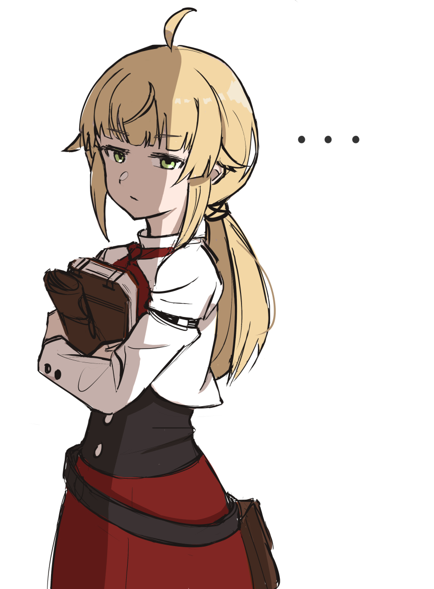 ... 1girl absurdres ahoge belt_bag black_corset blonde_hair book closed_mouth corset cropped_jacket flat_chest from_side green_eyes highres holding holding_book jacket looking_at_viewer mushoku_tensei norn_greyrat ponytail ranoa_magic_academy_school_uniform red_skirt ronuma school_uniform scowl shadow simple_background skirt solo white_background white_jacket