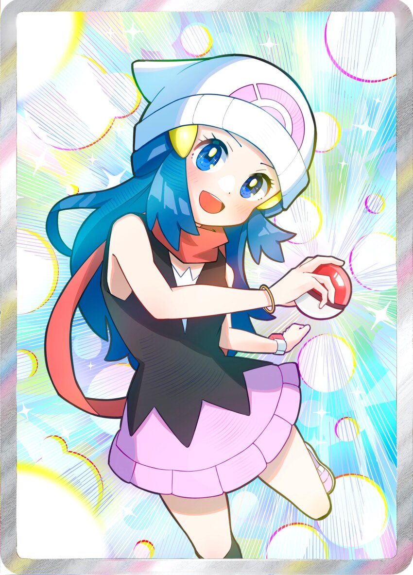 1girl :d beanie black_shirt blue_eyes blush boots border bracelet commentary_request creatures_(company) dawn_(pokemon) eyelashes game_freak grey_border hair_ornament hairclip hand_up happy hat highres holding holding_poke_ball jewelry long_hair looking_at_viewer mentarakooo nintendo open_mouth poke_ball poke_ball_(basic) pokemon pokemon_dppt scarf shirt sidelocks skirt sleeveless sleeveless_shirt smile solo sparkle teeth upper_teeth_only white_hat