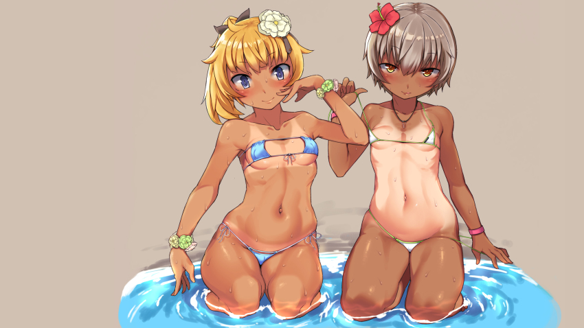 2girls bare_shoulders bikini blonde_hair blue_bikini blue_eyes blush bow breasts closed_mouth collarbone covered_erect_nipples female_focus flower full_body grey_hair hair_bow hair_flower hair_ornament half-closed_eyes hand_up highres imazon jewelry licking_lips looking_at_viewer multiple_girls naughty_face navel necklace one-piece_tan original ponytail short_hair side-tie_bikini_bottom simple_background sitting small_breasts smile swimsuit tan tanline tongue tongue_out water wet white_bikini wristband yellow_eyes