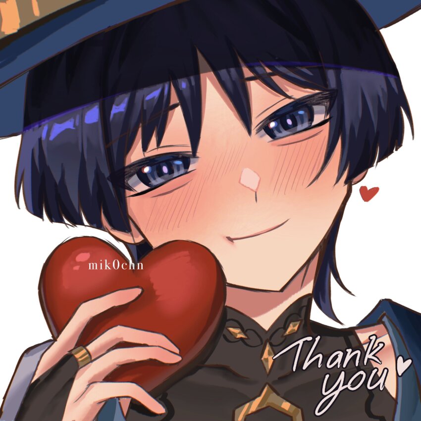 1boy artist_name black_bodysuit black_bridal_gauntlets black_eyes black_hair blue_hat blunt_ends blush bodysuit bridal_gauntlets bright_pupils cheek_press closed_mouth genshin_impact gold gold_ring hat head_tilt heart highres holding holding_heart jingasa looking_at_viewer male_focus mandarin_collar middle_ring mik0chn portrait scaramouche_(genshin_impact) shoulder_peek smile solo thank_you tilted_headwear wanderer_(genshin_impact) white_background white_pupils