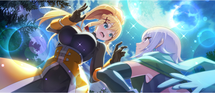 2girls aqua_scarf arm_guards black_bodysuit black_gloves blonde_hair blue_eyes blush bodysuit braid breasts cape chris_(konosuba) cloud cloudy_sky crop_top darkness_(konosuba) earrings elbow_gloves eye_contact from_below full_moon furrowed_brow game_cg gloves green_cape grey_hair hair_ornament hands_up highres jewelry kono_subarashii_sekai_ni_shukufuku_wo! konosuba!_fantastic_days large_breasts long_hair looking_at_another looking_up moon multiple_girls neck_ribbon night night_sky nose_blush official_art open_mouth outdoors ponytail ponytail_with_braided_base purple_eyes red_ribbon ribbon scarf short_hair sidelocks sky small_breasts smile tree underbust very_long_hair wavy_mouth x_hair_ornament