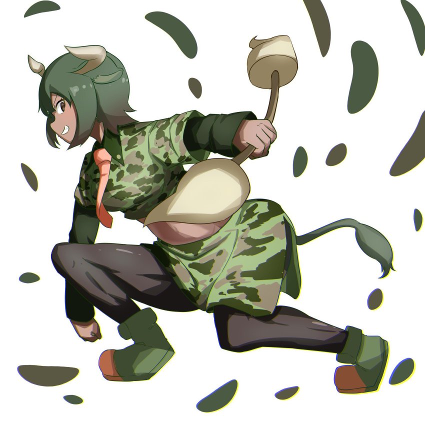 10s 1girl animal_ears aurochs_(kemono_friends) black_pantyhose brown_eyes camouflage camouflage_shirt camouflage_shorts collared_shirt empty_eyes female_focus from_side green_footwear green_hair highres holding holding_lance holding_polearm holding_weapon horn_lance horns kemono_friends lance layered_sleeves long_sleeves looking_at_viewer midriff necktie pantyhose polearm shirt short_hair short_over_long_sleeves short_sleeves shorts smile solo tail tamiku_(shisyamo609) teeth weapon white_background