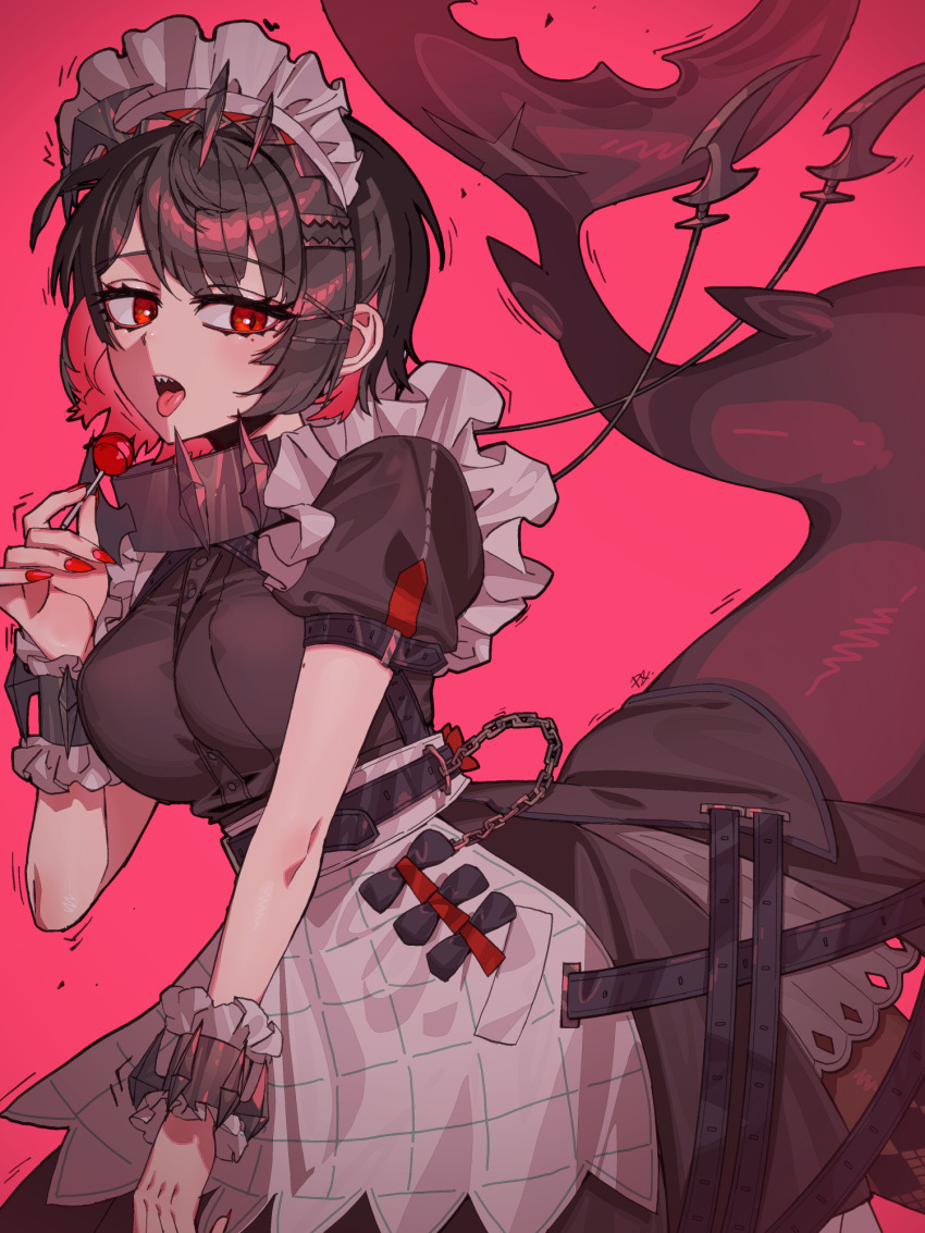 1girl black_dress black_hair breasts candy chain commentary_request dress ellen_joe fingernails fins fish_tail food highres holding holding_candy holding_food holding_lollipop large_breasts lollipop looking_at_viewer maid maid_headdress nail_polish paulandcookie puffy_short_sleeves puffy_sleeves red_background red_eyes red_hair red_nails shark_girl shark_tail sharp_fingernails sharp_teeth short_hair short_sleeves simple_background solo tail teeth tongue tongue_out white_headdress zenless_zone_zero