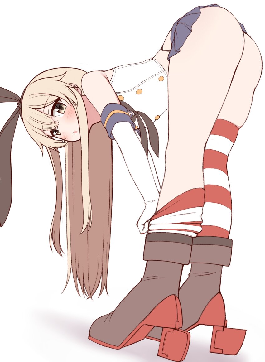 1girl absurdres black_neckerchief black_panties blonde_hair brown_eyes clothes_pull elbow_gloves from_below gloves high_heels highleg highleg_panties highres horizontal-striped_thighhighs kantai_collection long_hair looking_at_viewer microskirt neckerchief panties sailor_collar shimakaze_(kancolle) simple_background skirt sleeveless striped_clothes striped_thighhighs thighhighs tiemu_(man190) underwear white_background white_gloves