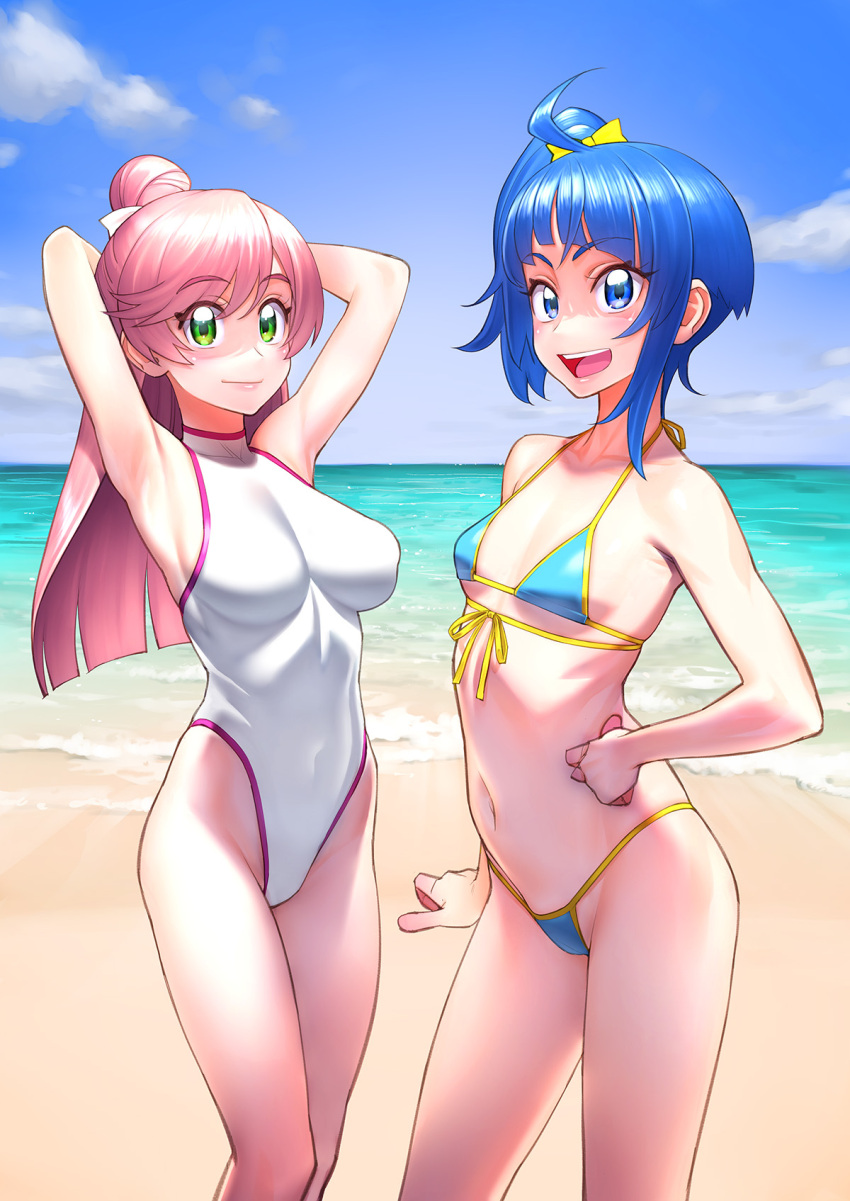 2girls armpits beach bikini blue_bikini blue_eyes blue_hair blue_sky bow breasts cloud commentary_request day green_eyes hair_bow highres hirogaru_sky!_precure long_hair looking_at_viewer medium_breasts micro_bikini minazuki_juuzou multiple_girls navel nijigaoka_mashiro ocean one-piece_swimsuit outdoors pink_hair precure short_hair sky small_breasts sora_harewataru standing swimsuit thighs yellow_bow