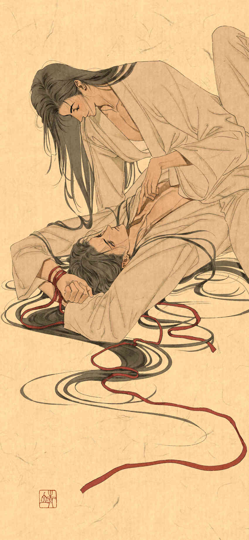 2boys absurdres bdsm black_hair bound bound_wrists chinese_clothes copyright_request hanfu highres koyasuyasuko12 long_hair multiple_boys white_hanfu yaoi yellow_background zhongguo_hua