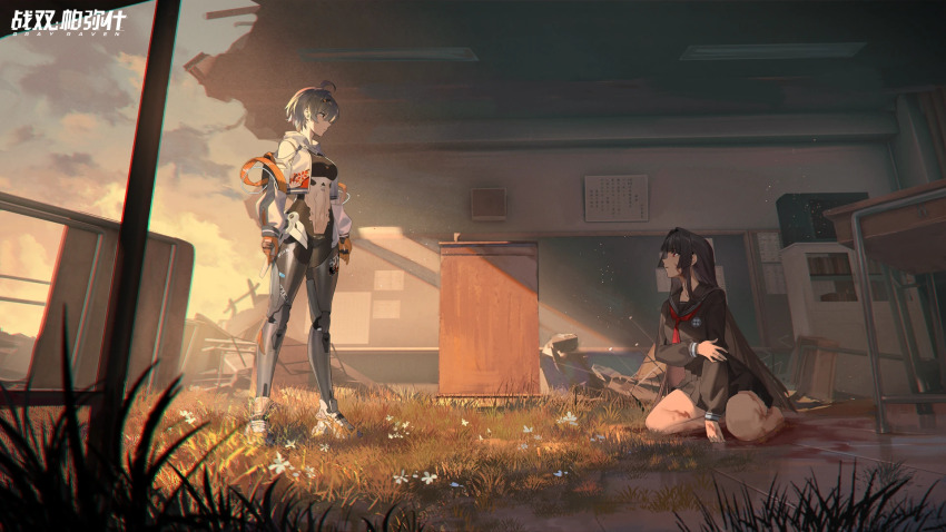 2girls black_hair black_serafuku blood building copyright_name copyright_request cyborg desk gloves grey_hair hair_ornament hairclip highres jacket long_hair multiple_girls official_art orange_eyes orange_gloves outdoors punishing:_gray_raven red_eyes school_uniform second-party_source serafuku sitting white_jacket yata_(pgr)