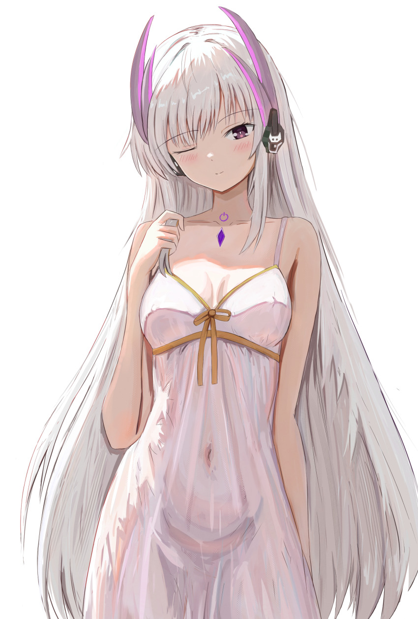 1girl ;) absurdres blush breasts cleavage collar highres liv:_eclipse_(pgr) liv_(pgr) long_hair looking_at_viewer meteorgale one_eye_closed punishing:_gray_raven simple_background sleepwear small_breasts smile solo very_long_hair white_background white_hair