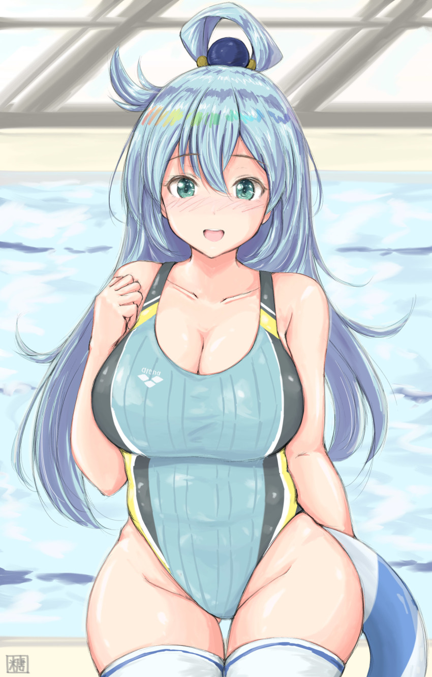 1girl absurdres aqua_(konosuba) blue_eyes blue_hair blush breasts cleavage collarbone competition_swimsuit gluteal_fold highres innertube kono_subarashii_sekai_ni_shukufuku_wo! large_breasts long_hair looking_at_viewer one-piece_swimsuit rei_no_pool smile solo swim_ring swimsuit thick_thighs thigh_gap thighhighs thighs tong_shui water